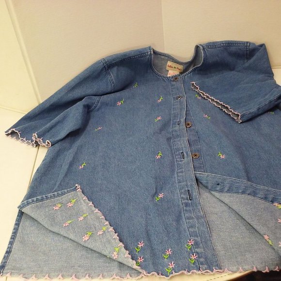 Vintage 80s Toffee Apple Denim Shirt -L Embroidered Daisies Button-Up Vents SS - Picture 6 of 10